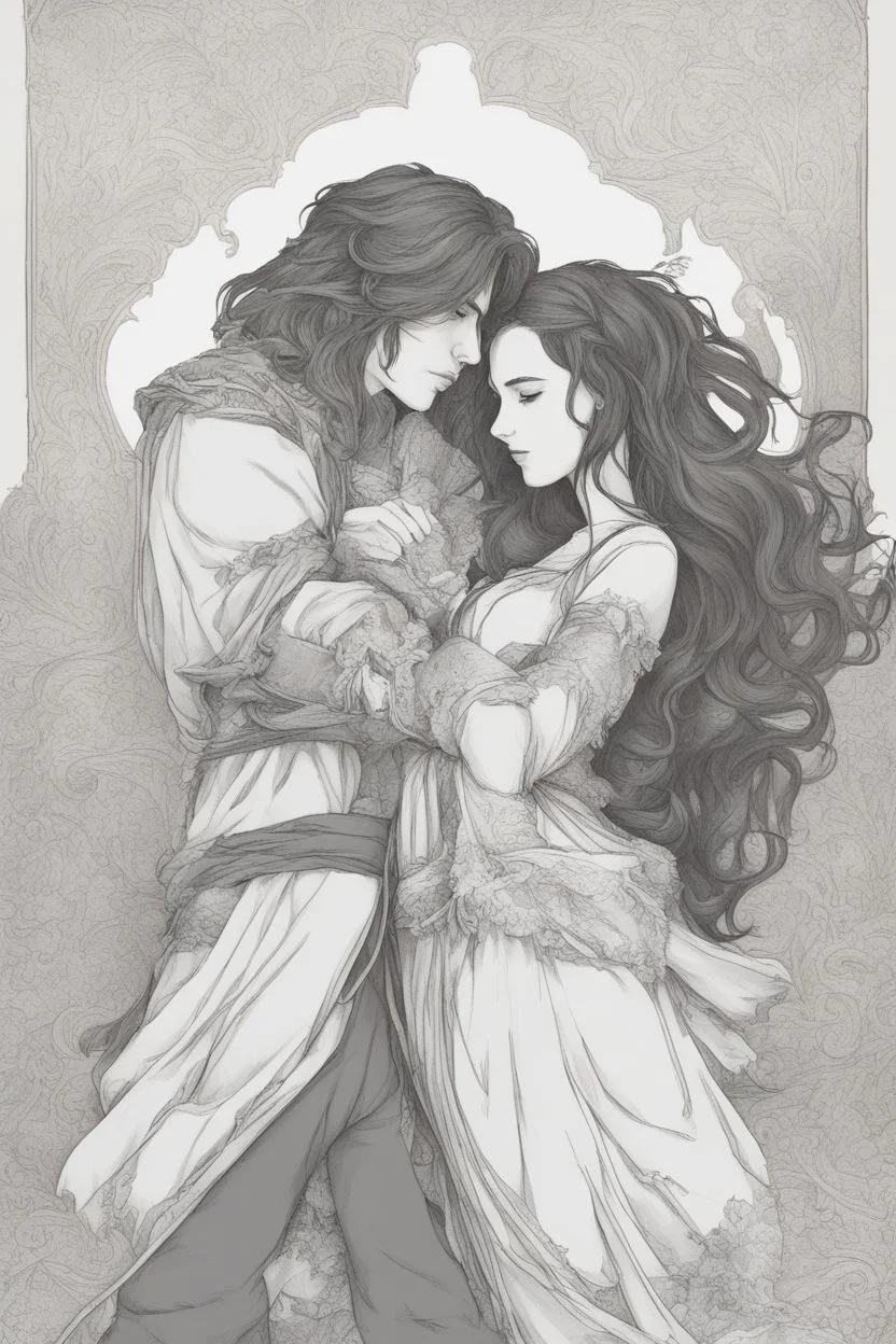 Dnd style, Young man hugging a woman with long hair from behind