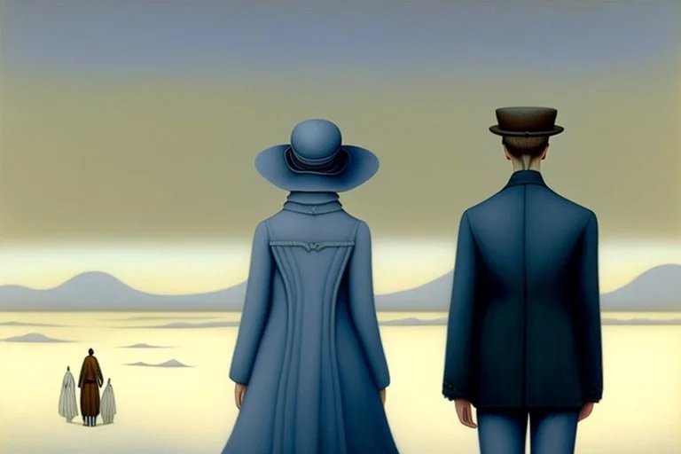 two gender-neutral people seen from behind walking side by side in an empty foggy plain, above there is blue sky by artist "Leonora Carrington",by artist "Christian Schloe",by artist "Kay Sage"