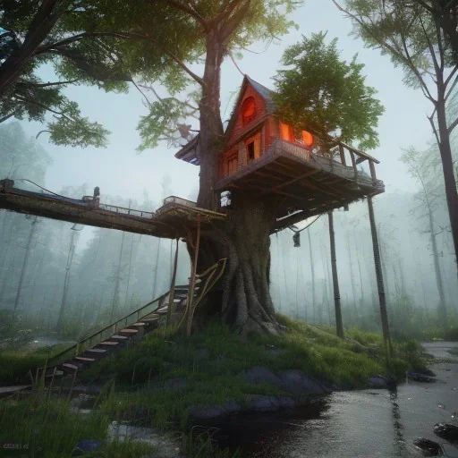 Tree house, fantasy unreal 5, octane render, cinema4d, redshift render, hyper realistic, cenematic, vibrancy, synthwave, retouch, centered, dynamic lighting, dramatic lighting, 4k, highly detailed, attractive beautiful, realistic, virtual reality, epic composition, holographic,