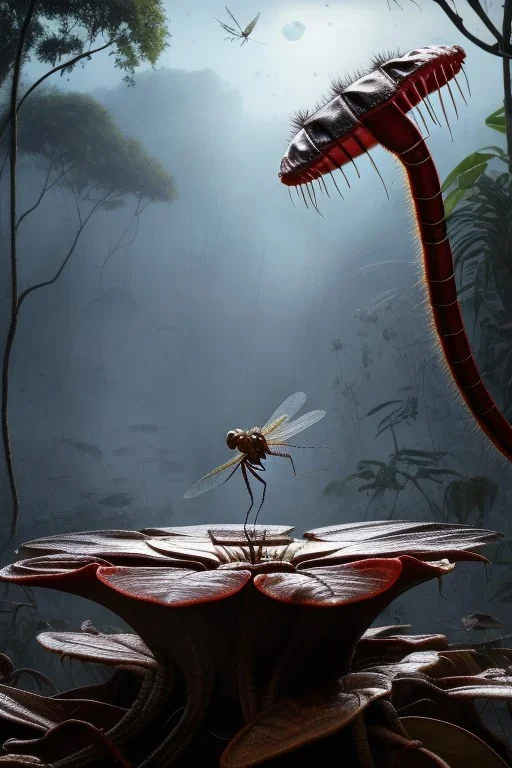 large venus fly trap with teeth eating a dragonfly, flowers, jungle, hyperrealistic, trees in background, digital art, alien like, disgusting, intricate, morbid, rainy, sinister, volumetric lighting, unreal engine, high resolution, 8k, depressing colors, dark colors, horror, horrific,