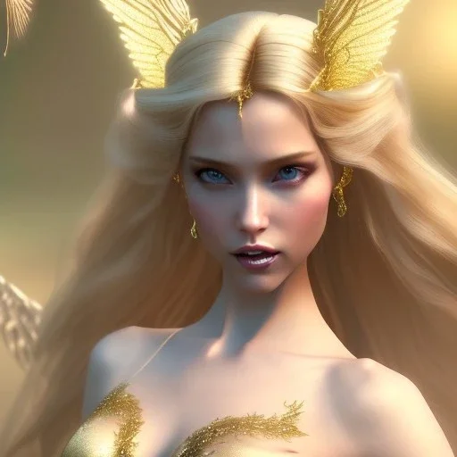 beautiful fairy very etheric, nice smiling, long blond hair, magic glamour pink make up, delicate colors, complete vision of very transparent golden and big wings, beautiful glamour transparent golden dress, ultra sharp focus, 8k, unreal engine 5, extremely sharp detail, light effect, soft light atmosphere, smooth, full of details, face in front, complete vision of face and hair and of the body