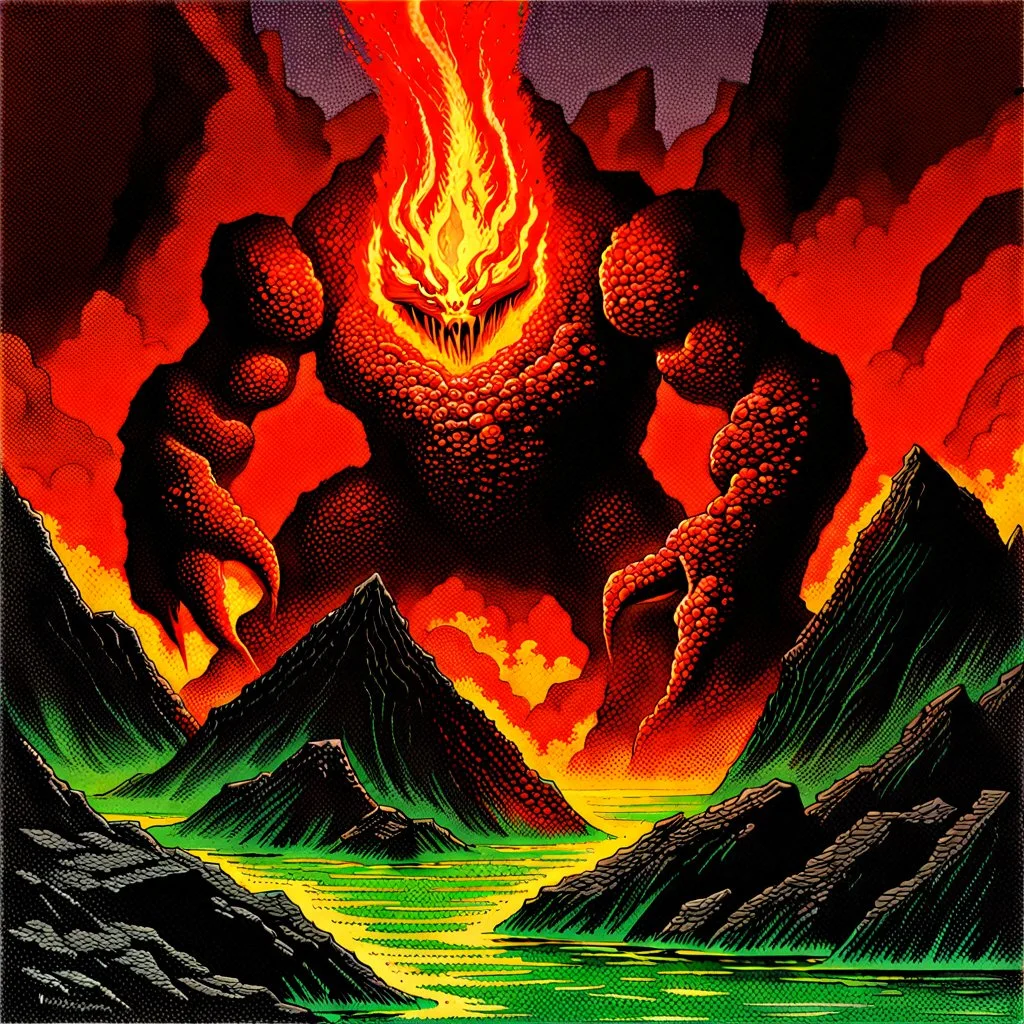 90's fantasy tcg art of a molten lava rock monster