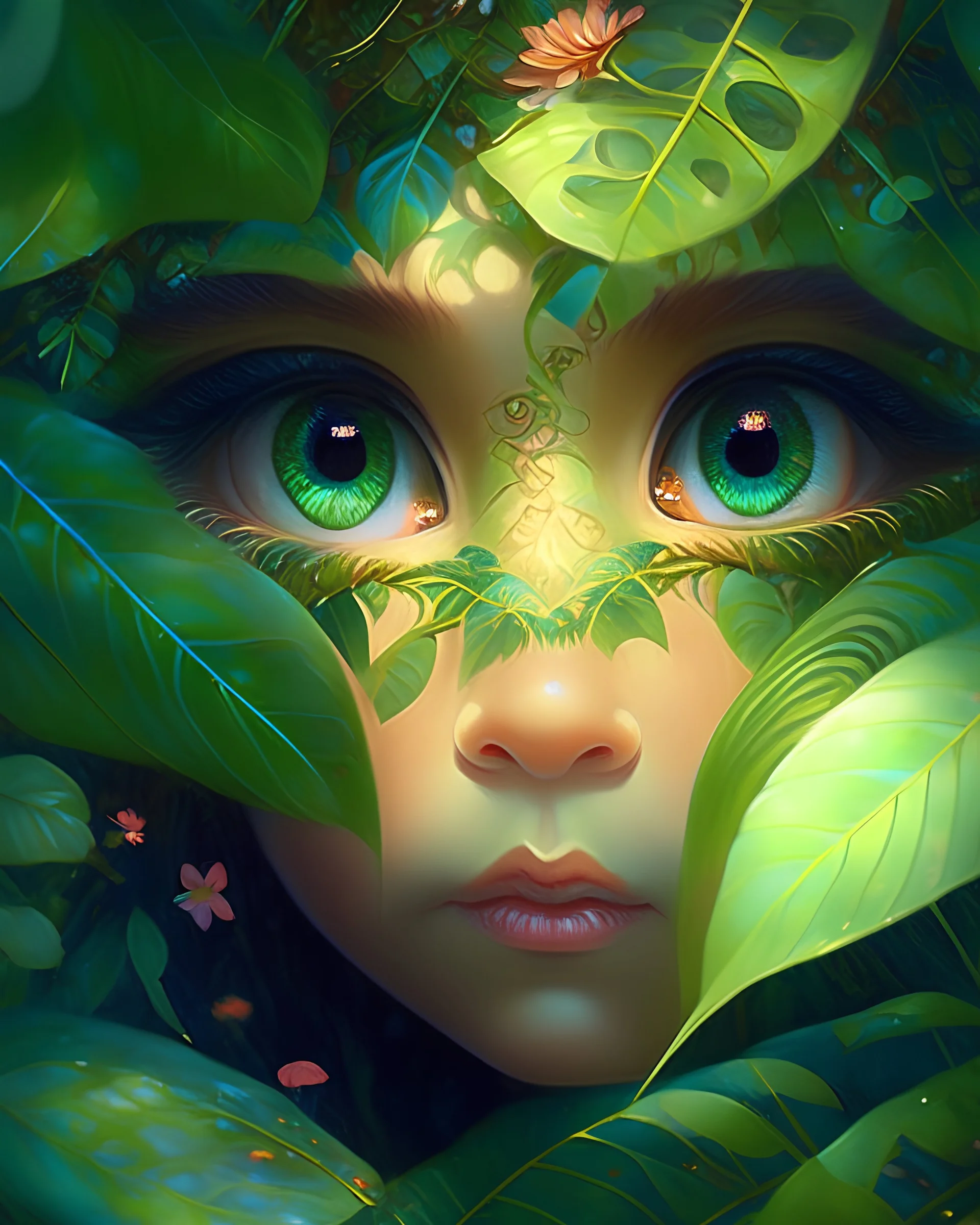 gros plan du visage d'une créature mystique féminine. Elle se cache derrière la végétation d'une forêt luxuriante d'une autre planète. Elle a de grands yeux. Elle a des pupilles uniques et très colorées. Elle porte des ornements et des peintures sur son visage. Quelques rayons de soleil passent à travers le feuillage dense de la forêt pour éclairer son doux visage. Elle est paisible et innocente.