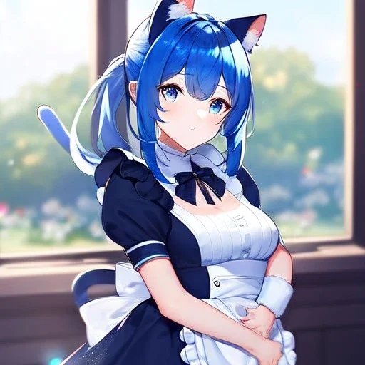 Clear Focus, High resolution, wearing a maid uniform, fluffy hair and a long ponytail, blue hair, cat ears, meowing