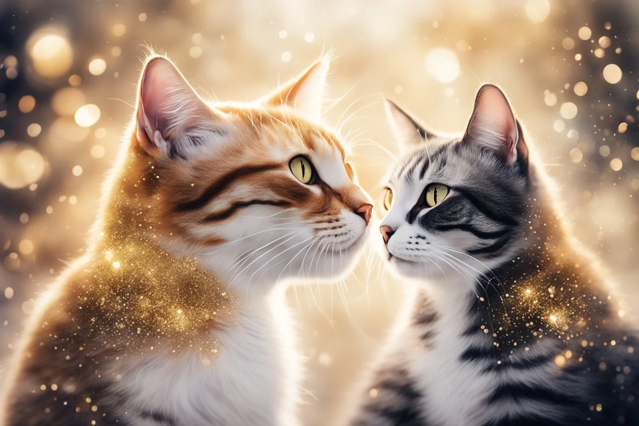 loving cat couple, watercolor and black ink outlines, sparkling golden glitter, ethereal, cinematic postprocessing, bokeh, dof