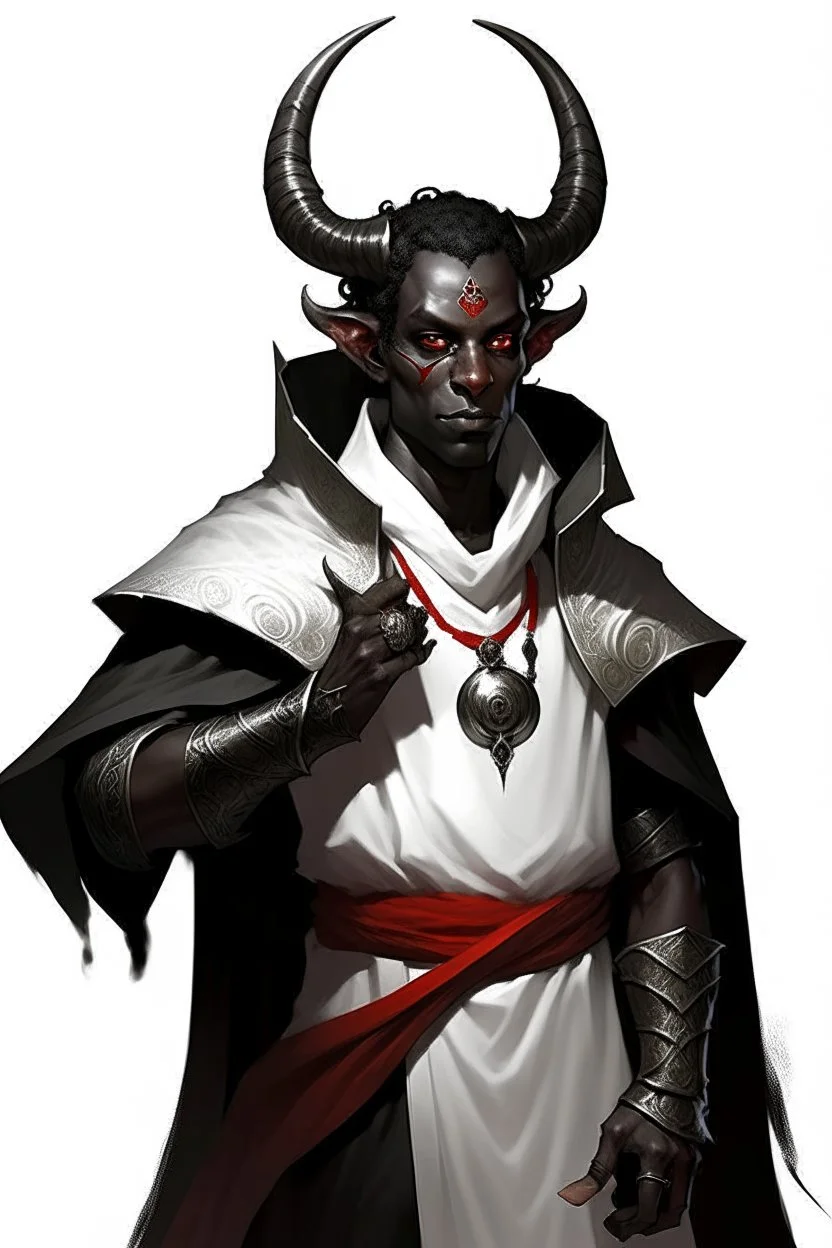 En Young male Black skin black hair tiefling Wizard with large horns glowing Silver and White symbols Everywhere on his body. He's wearing silver and White Rope and a silver cloak. His horn a perfectly place on acet from the front to the back pointing upwards with glowing Red cat Eyes. His close is elegant get simple his horns Are Same size.