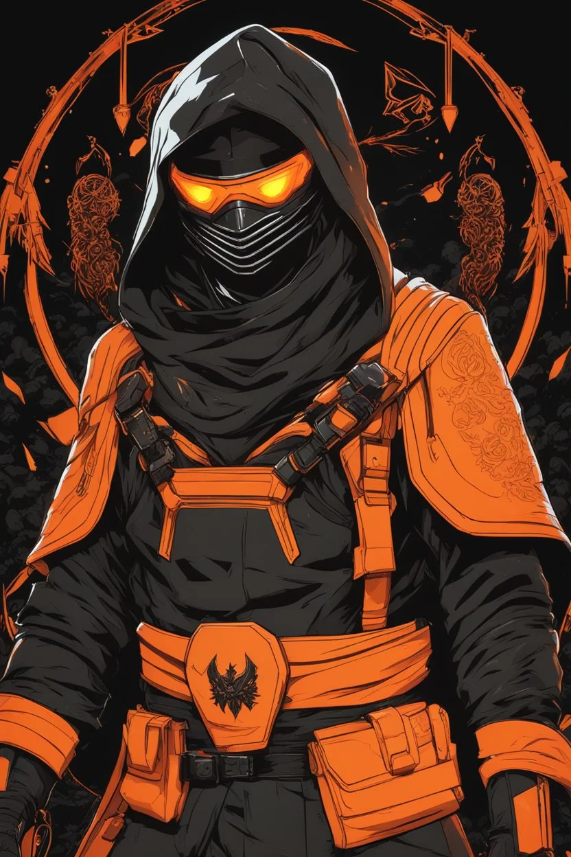 Ninja, solo leveling artstyle, black custom, Reaper them, neon orange details, Apiary of death , full body, apocalypse, intricate details, highly detailed, high details, detailed portrait, masterpiece,ultra detailed,best quality