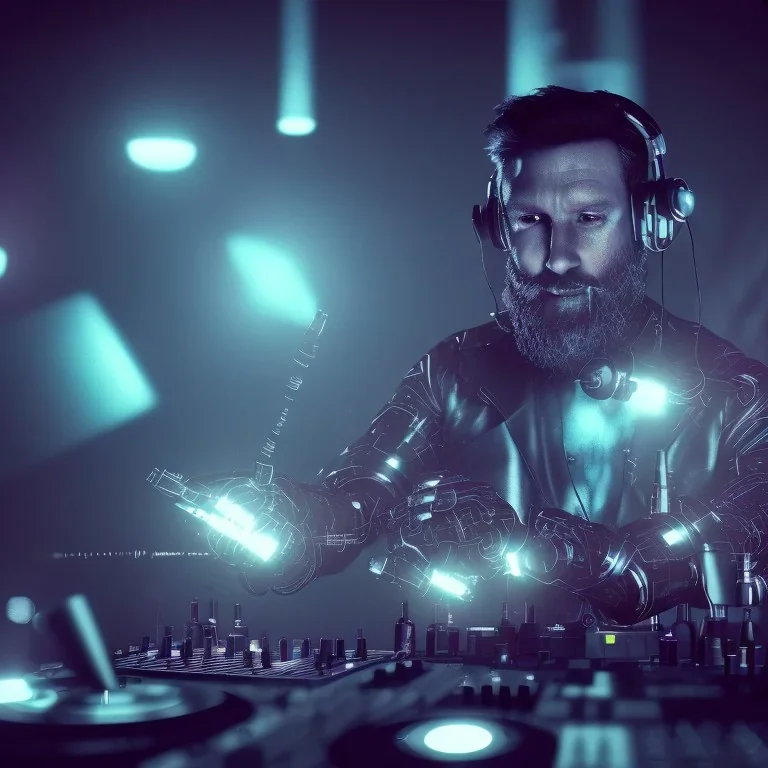 megalomaniac DJ cyborg at work in a nightclub, particles, short bearded 40 years old focused Christian Boshell with headphones. sin city style, photo-realism art, intense atmosphere, similar to a Michelangelo art direction, close-up face