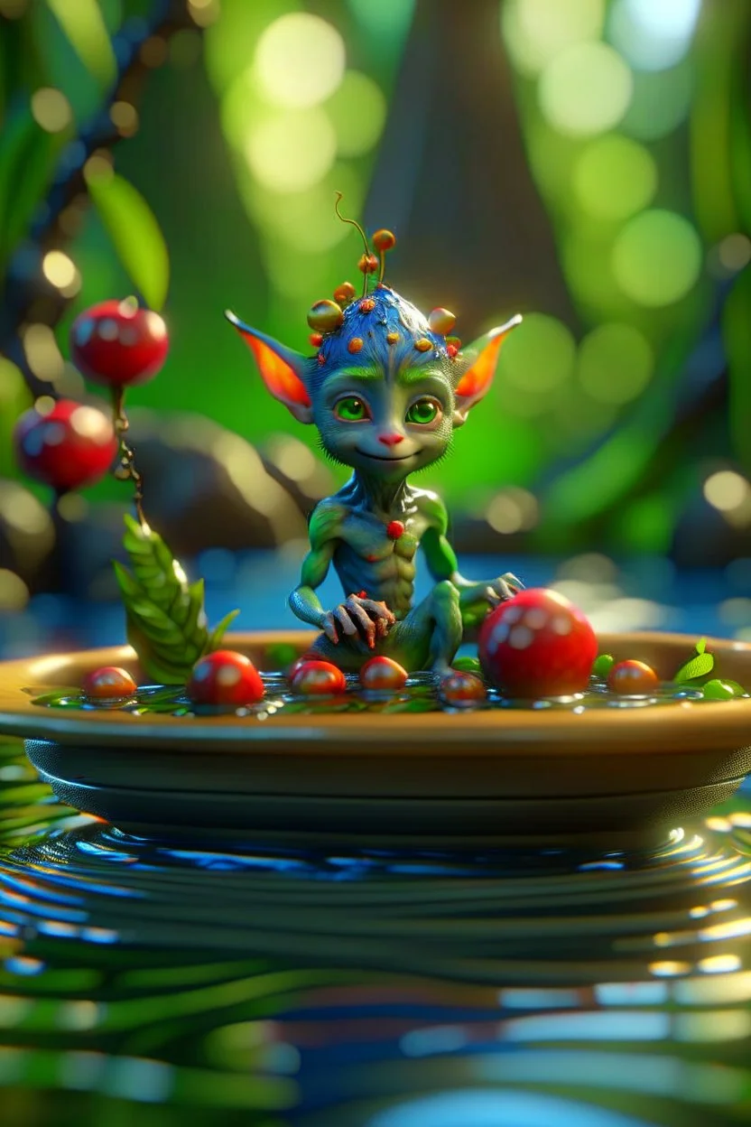 glass elf pixie hippie creature on small raft with a bowl of magical fruit soup, in the style of fantasy movies, photorealistic, shot on Hasselblad h6d-400c, zeiss prime lens, bokeh like f/0.8, tilt-shift lens 8k, high detail, smooth render, unreal engine 5, cinema 4d, HDR, dust effect, vivid colors