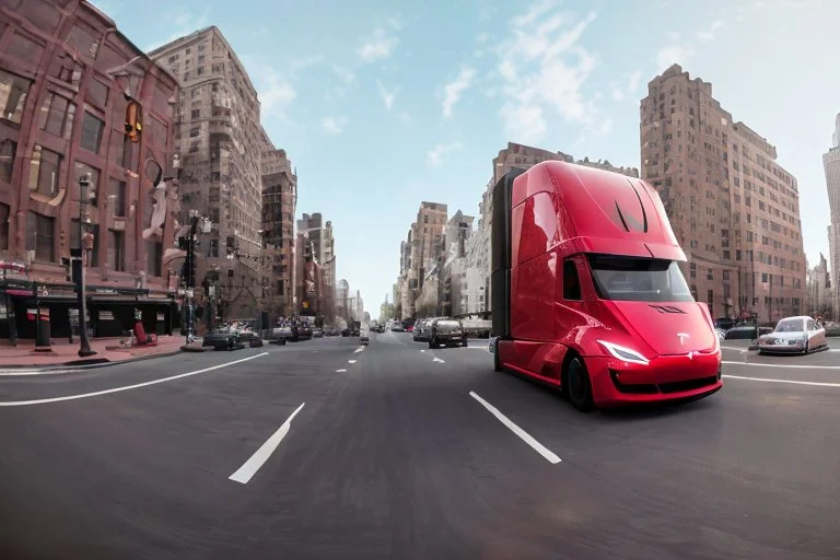 A Tesla 'Semi' (semi truck) is going at a high speed, near the Flatiron Building in Manhattan. (CINEMATIC, WIDE ANGLE LENS, PHOTO REAL)