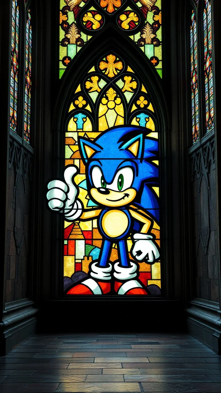 gritty photography of a large gothic church stained glass window featuring a glass mosaic image of an ecclesiastical Sonic the Hedgehog giving a thumbs up, hyperreal stained glass window