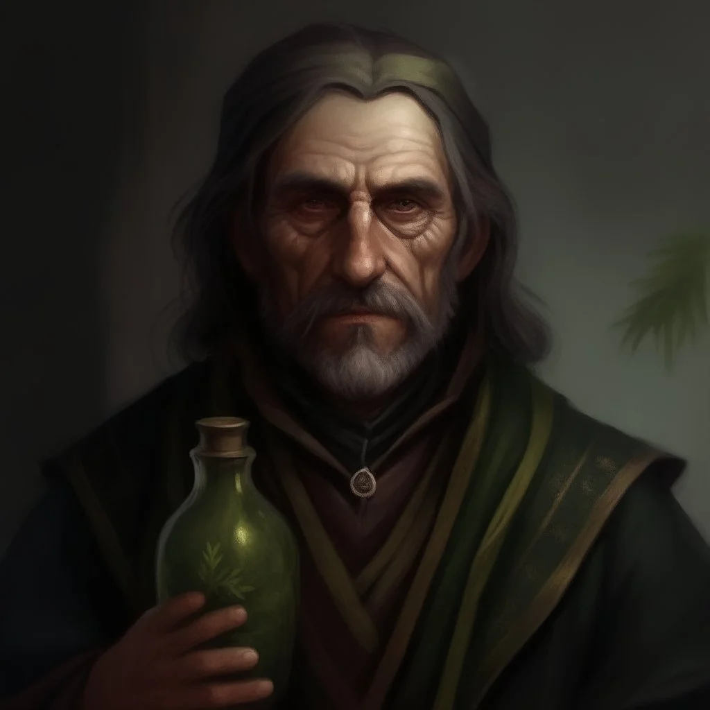 dnd style dark fantasy medieval herbalist. mugshot. oil painting.