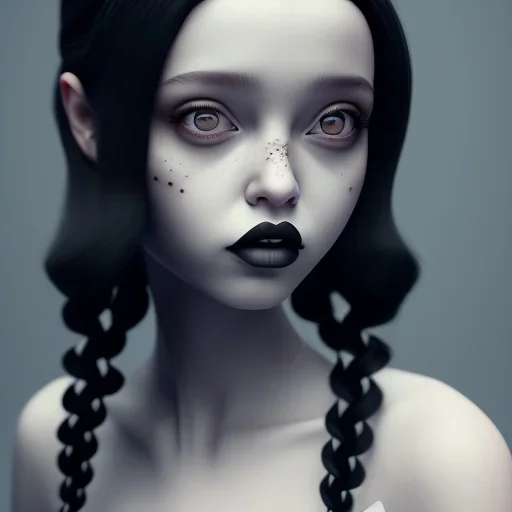 Jenna ortega black dress,soft goth libstick, wednesday addams family make up, long hair, brad double wig, addams family style, highly detailed, volumetric lighting, unreal engine, 8k