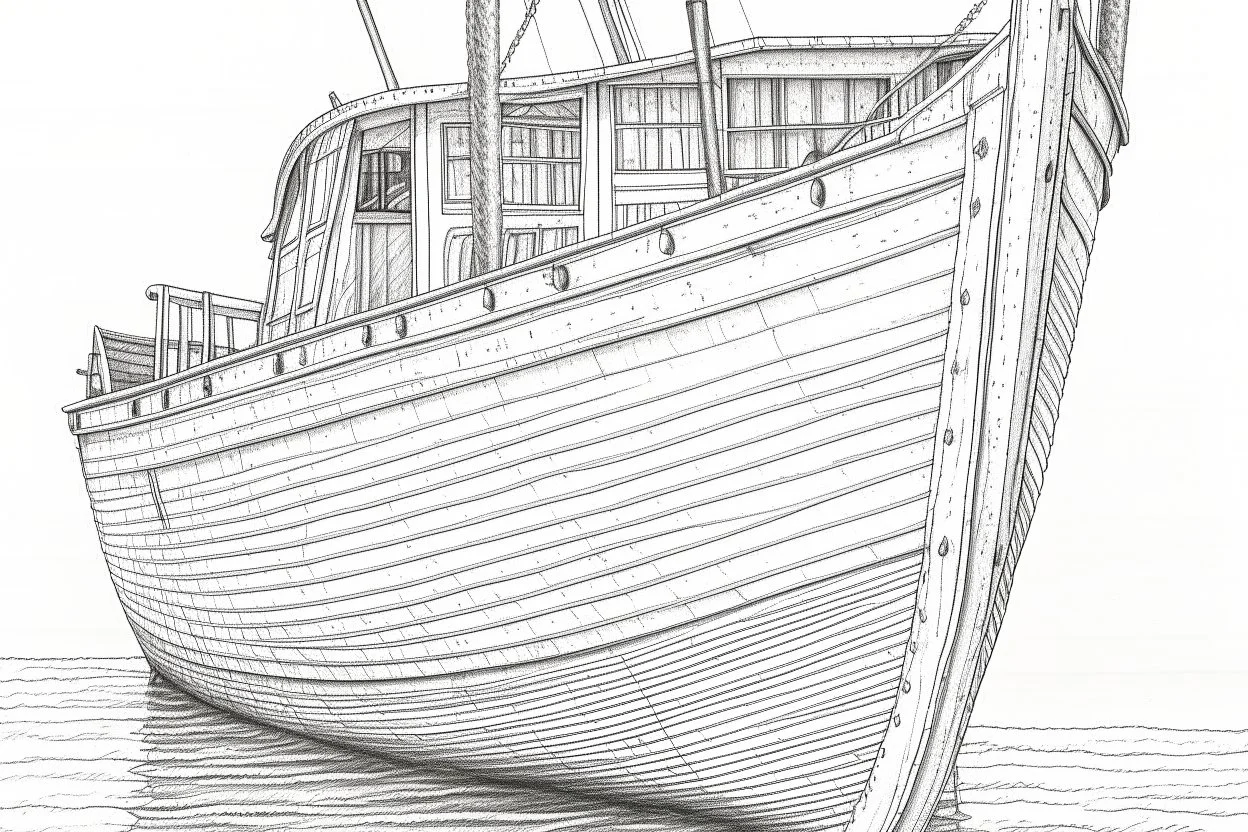 Drawing of a fishersboat, high detail, realistic, pencil drawing, paint details,