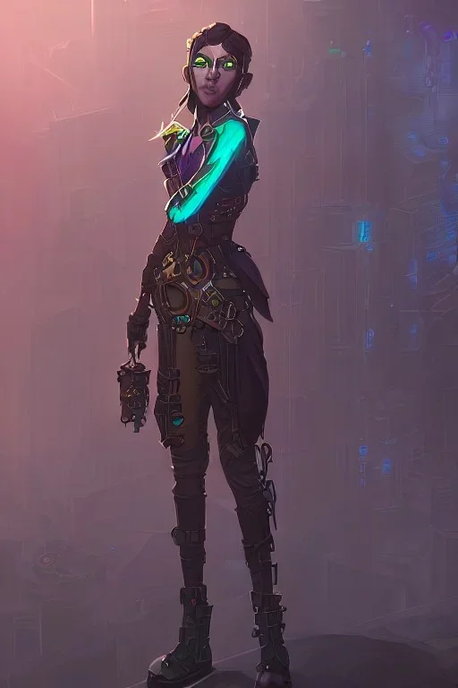 steampunk elf in a neon dystopian city