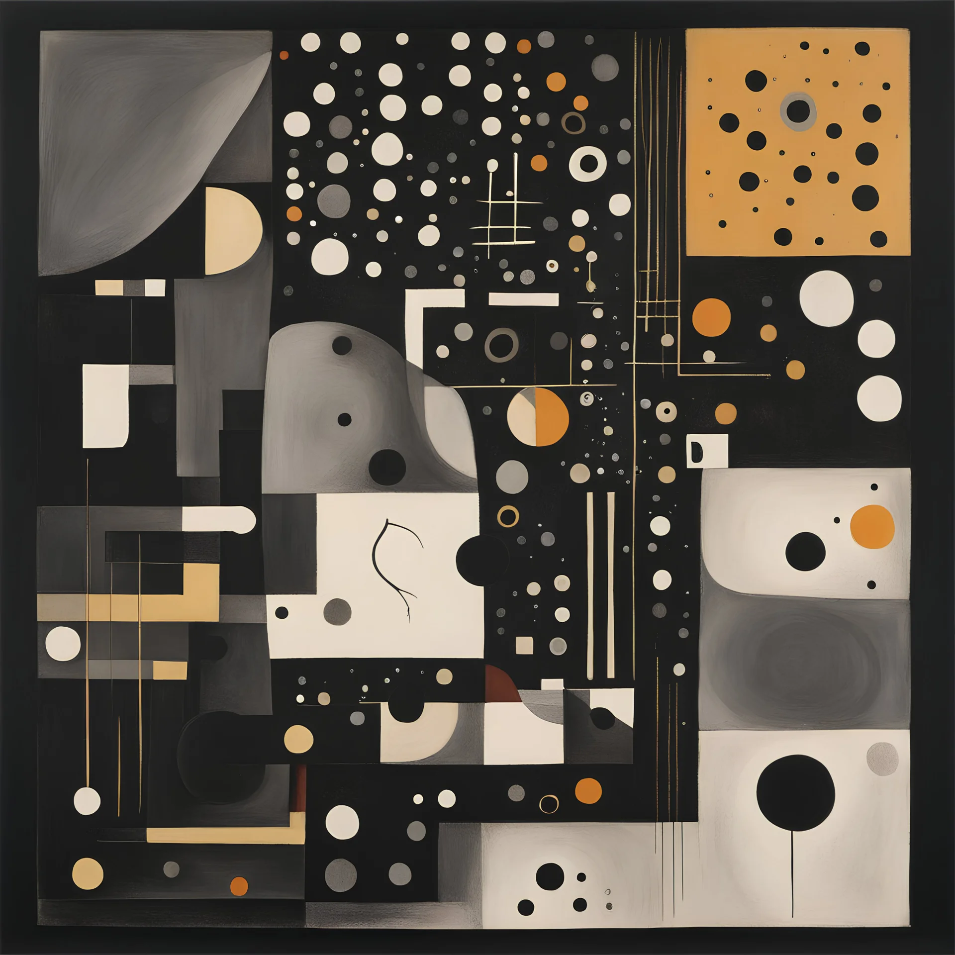 Malignantly useless, remedies of tragedy, abstract surrealism, by Arthur Secunda and Victor Pasmore and Wassily Kandinsky, maximalist mind-bending illustration; asymmetric; dark colors, eerie, vertical and horizontal morse code dots and dashes, by Colin McCahon