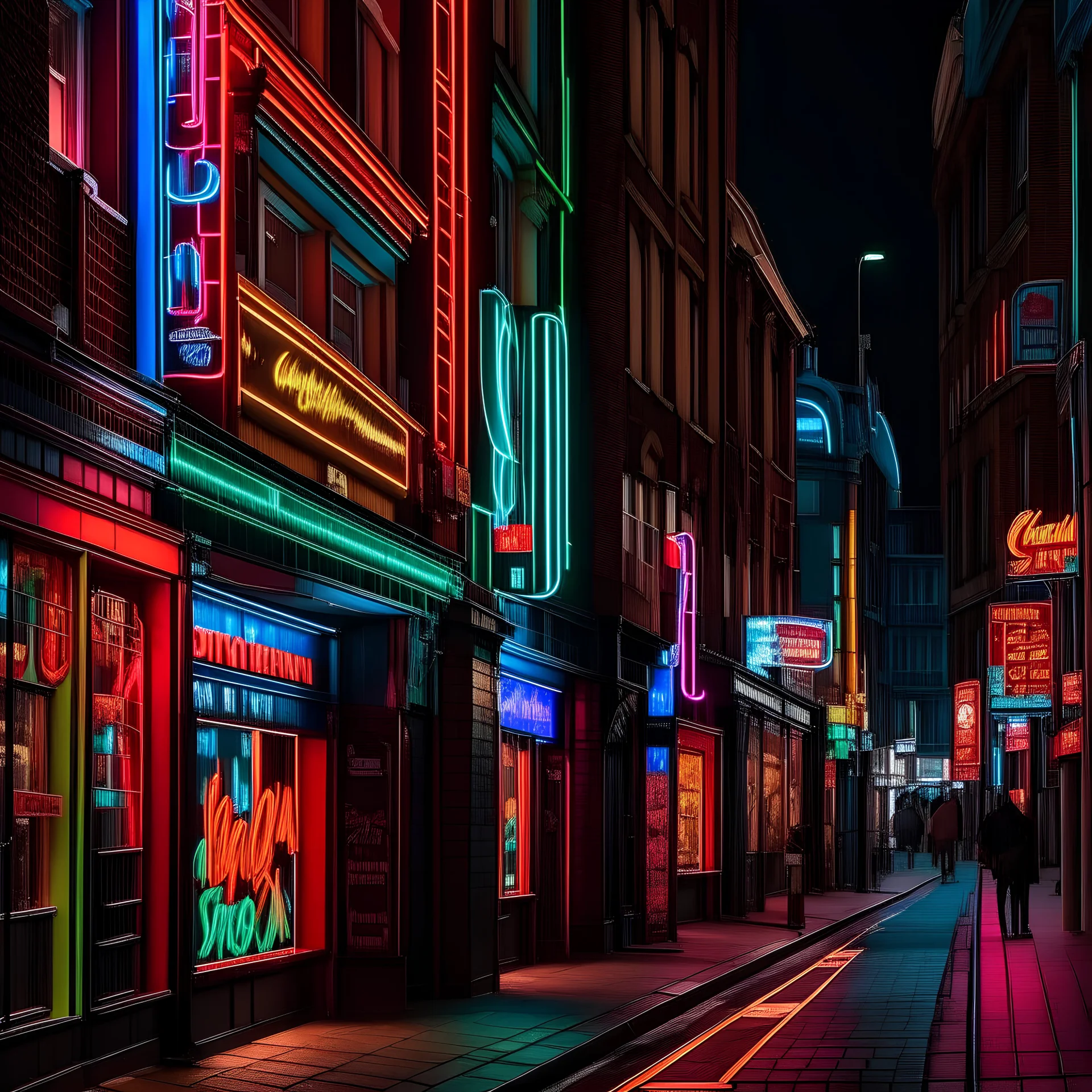 a street in london with neon signs