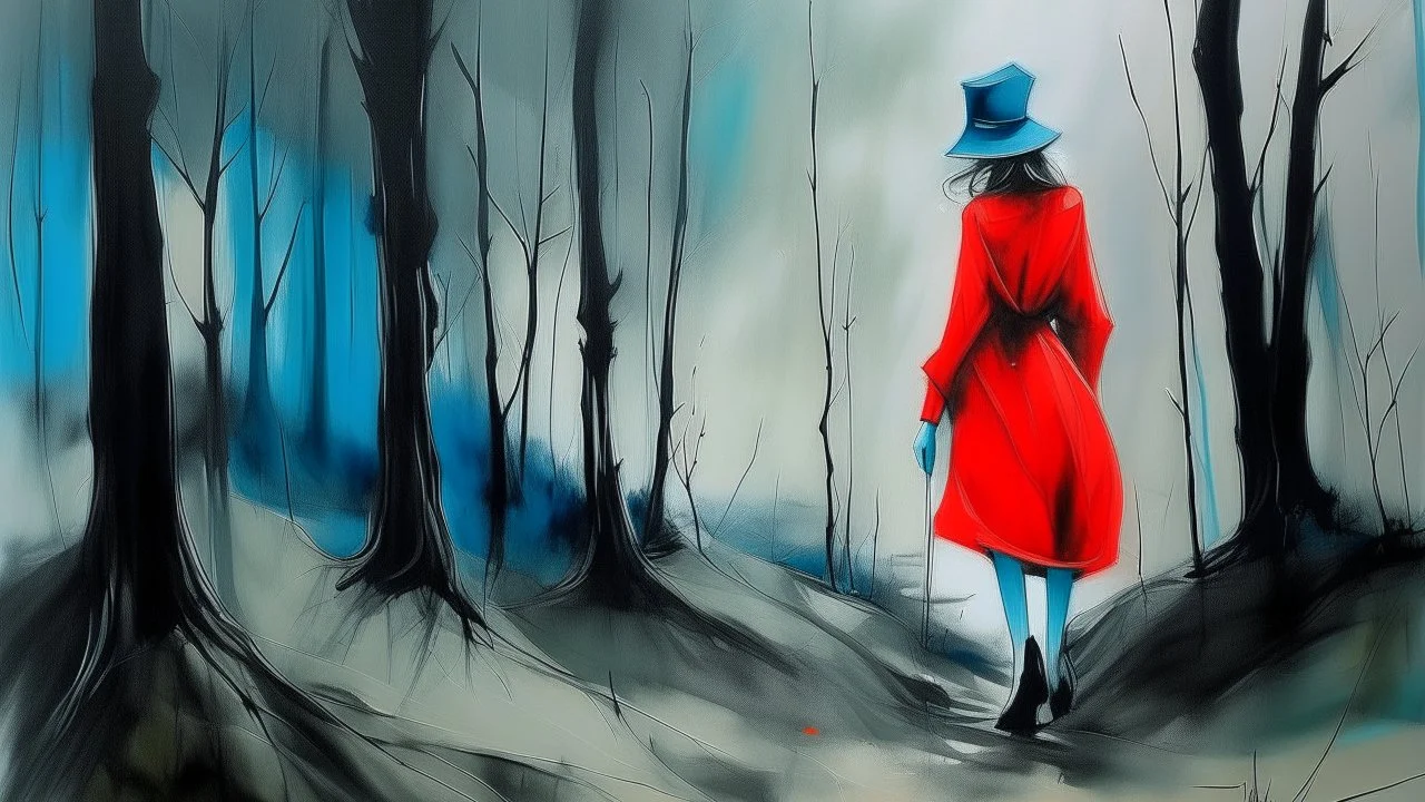 abstract painting, the lady of the forest with blue eyes in red boots on a foggy morning walk use flat bright colors displayed art, Charcoal, Ink, refugees, conformity, Analogue film photo, 1950s, candid, retro analog, 35mm film, film grain, very dark focused flash photo,