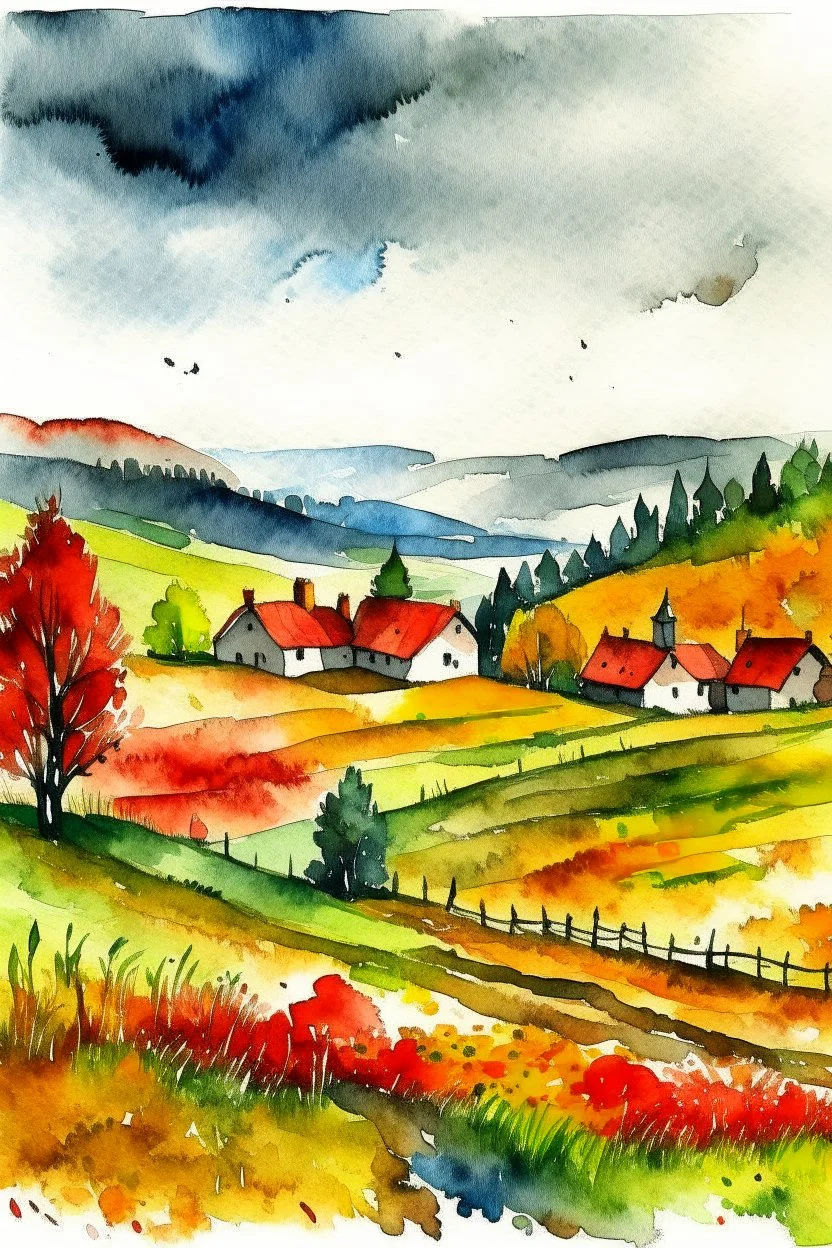 Autumn Czech valley in the rain. - Watercolor and watercolor painted style - Jenna Rainey style