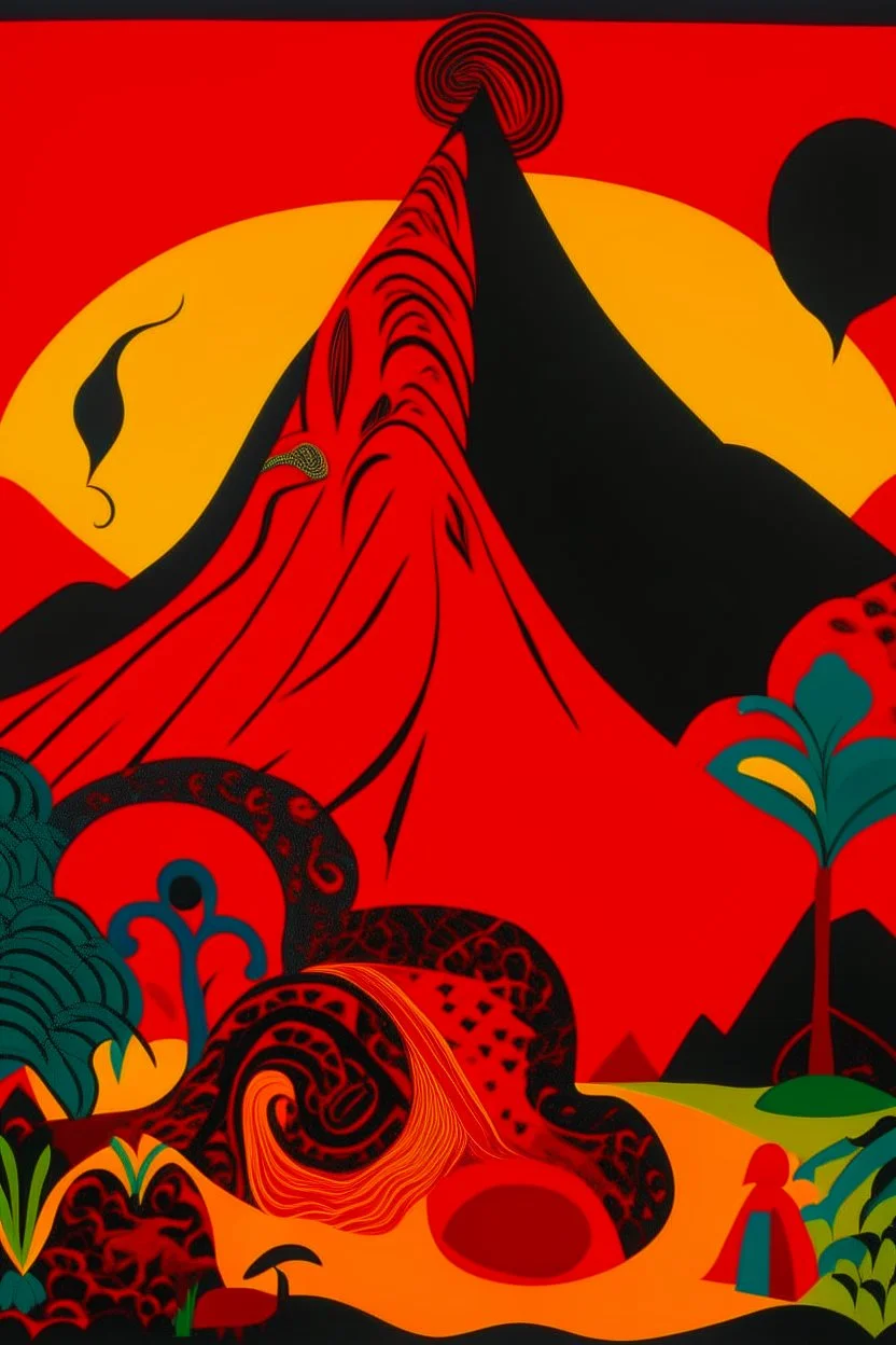 A red volcano with flowing lava designed in Maori sculptures painted by Stuart Davis