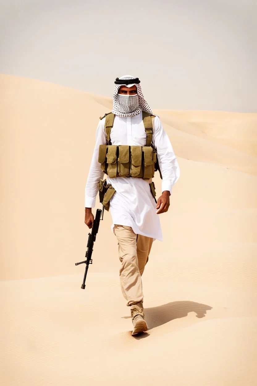 Photography Misterius Arabian Palestine Soldier Man Mask Walking alonely on desert