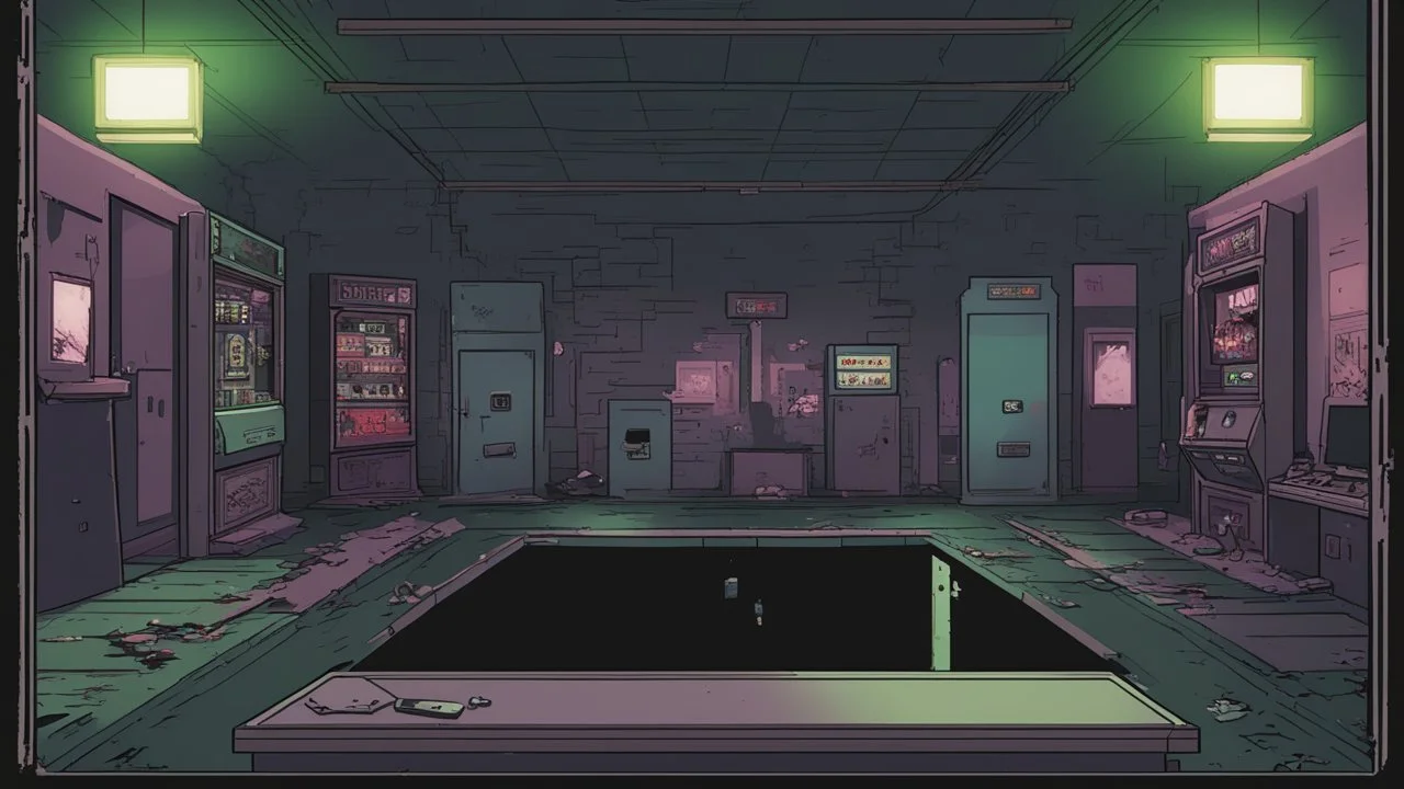 desolate dark arcade, horror, no humans