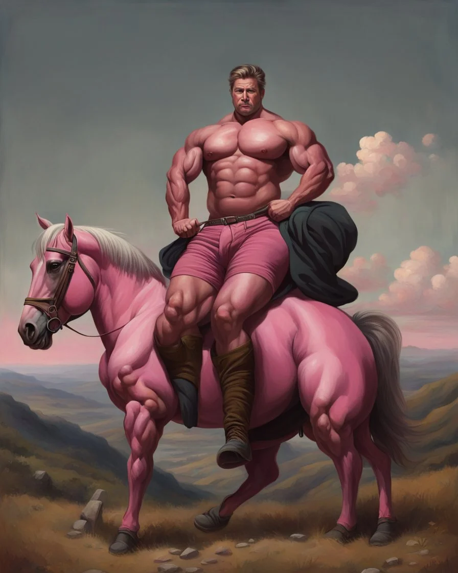 a big muscle man sitting on a pink horse in hills like a 19th painting