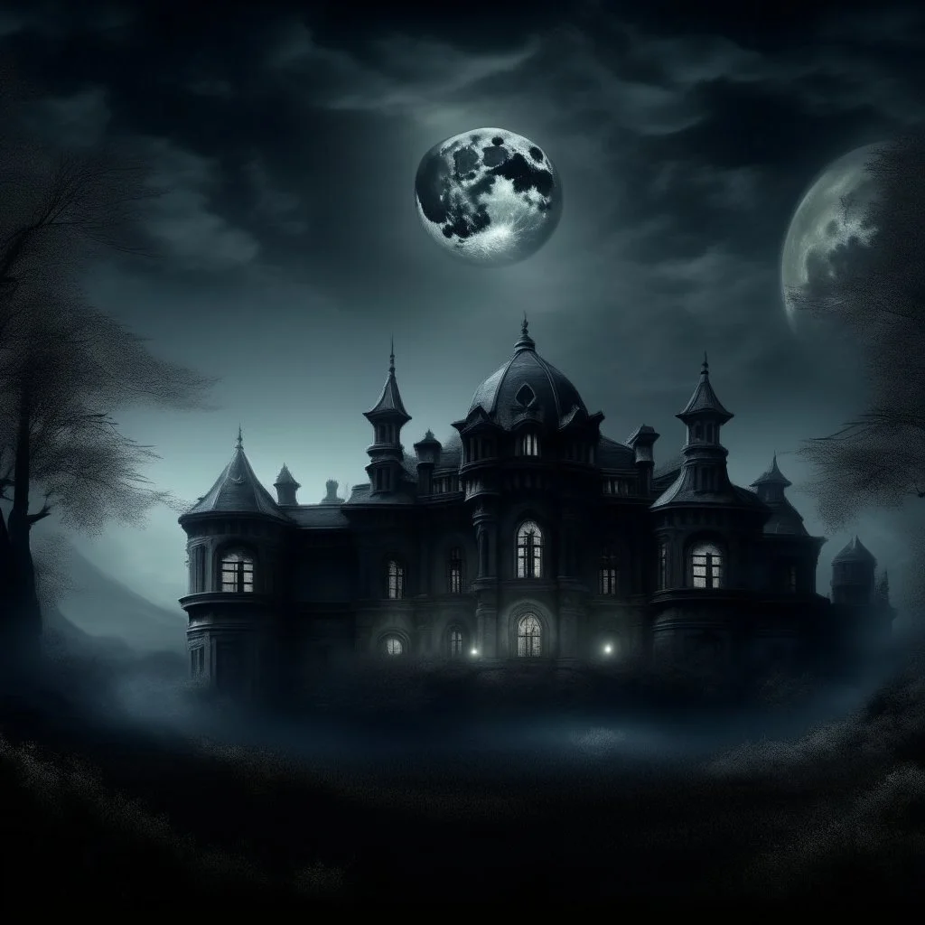 A black dark palace with a moon painted by Ivan Aivazovsky