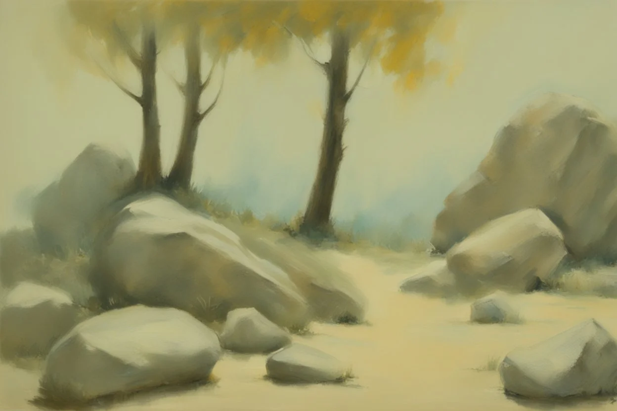 Trees, rocks, one person, 2000's sci-fi films influence, willem maris impressionism painting