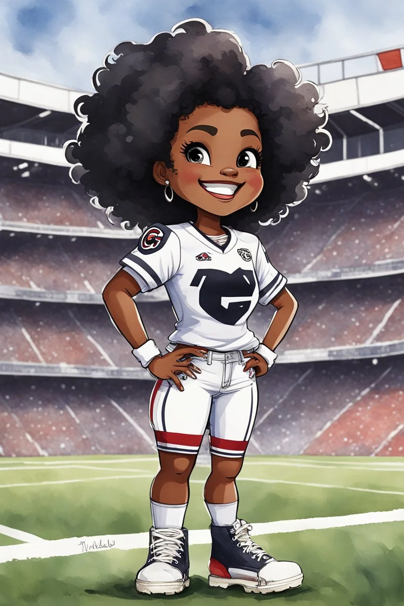 A sassy thick-lined watercolor cartoon image of a black chibi girl standing in front of a football stadium. She is wearing a Georgia Bulldogs football jersey with tight white jeans and timberland boots. behind her curvy body. Looking up coyly, she grins widely, showing sharp teeth. Her poofy hair forms a mane framing her confident, regal expression. Prominent makeup with hazel eyes. Hair is highly detailed.