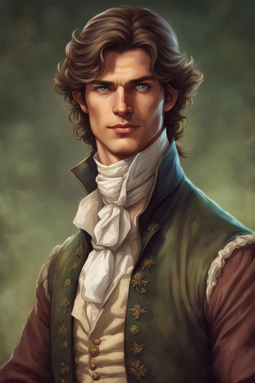 thirty-year-old sorcerer, handsome and kind face, with tanned skin, brown hair and green eyes, dressed as a 18th century countryside teacher