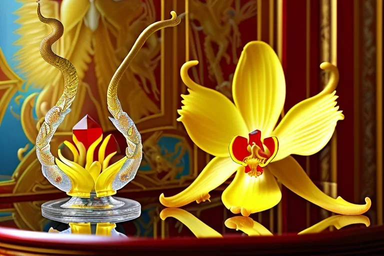 1512857901 hypersigil photograph of a beautiful yellow and red orchid in a clear glass rococo inspired vase on a mirrored deco themed end table in a shadowy corner of a nouveau era room with wood paneling in the style of Robert maplethorpe, tropical birds, lizards, snakes, insects, gorgeous, shamanic, ethereal, photorealistic, embellishments, long shot, wide shot, dof, deep focus, 3d render