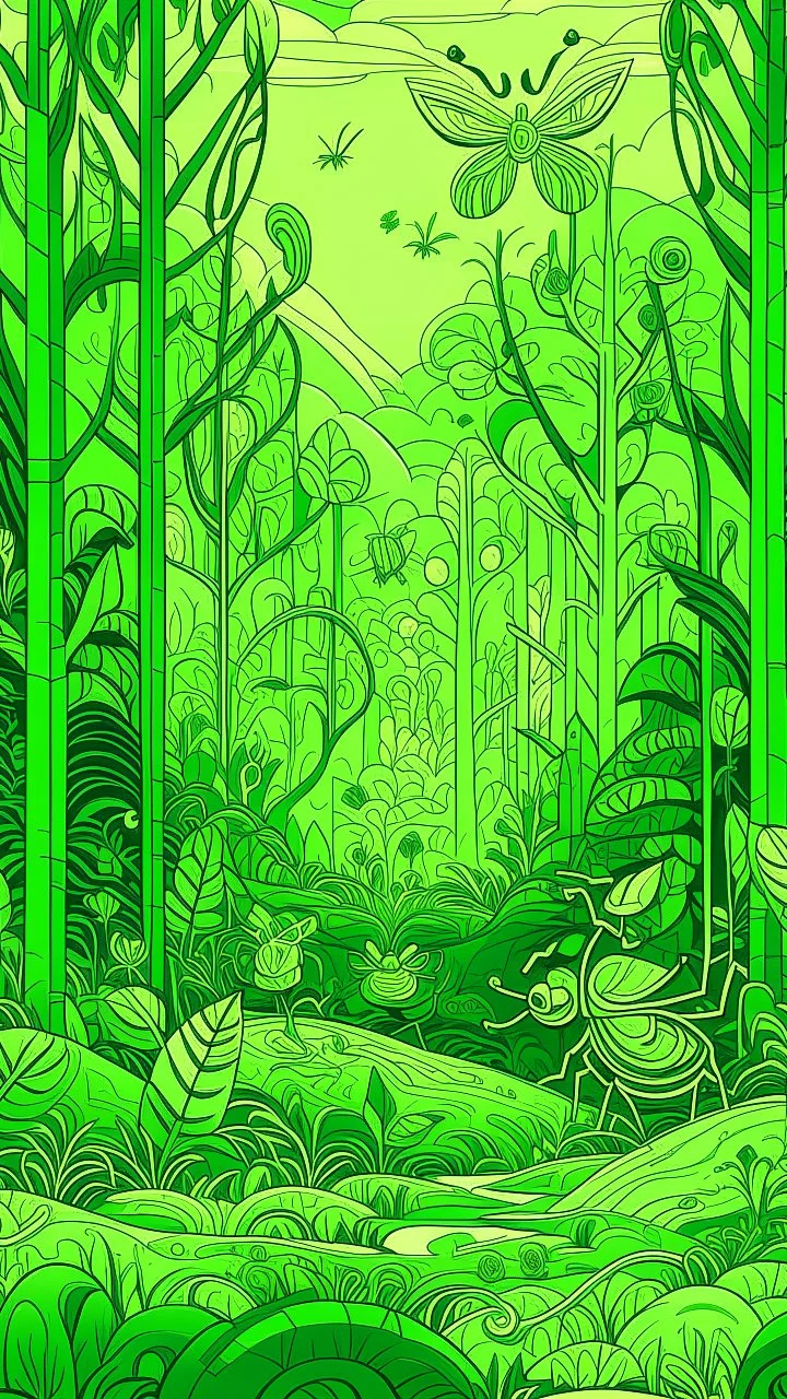 A lime green forest with insects in Art Nouveau art style