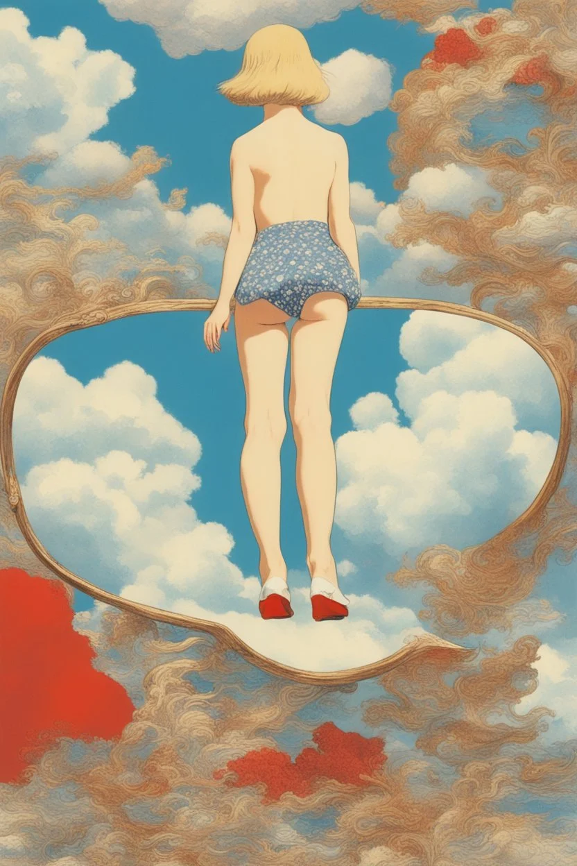 girls leg,cloud in blue sky, a red lip, collage art, shuji terayama, dreamy objects, surreal, criterion collection, showa era, intricate details, mirror