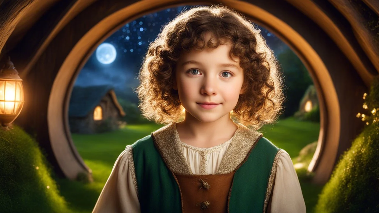 little young hobbit girl, beautiful, confident, calm, wise, happy, innocent, facing camera, head and shoulders, curly hair, hobbit clothing, perfect eyes, LOTR village, hobbit homes with circular windows and round doors, night scene, stars, fireflies, 16k artistic photography, exquisite composition, photorealistic concept art, soft natural volumetric light, chiaroscuro, award-winning photograph, masterpiece, style William-Adolphe Bouguereau