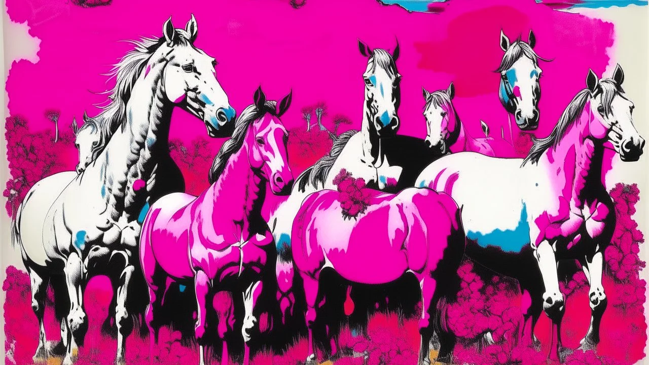 A magenta dominion with unicorns painted by Andy Warhol