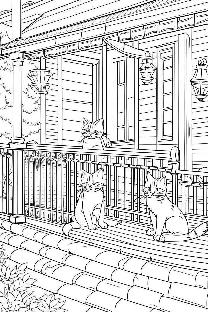 kids coloring page, Cats on the porch, cartoon style, thick lines, low detail, no shading