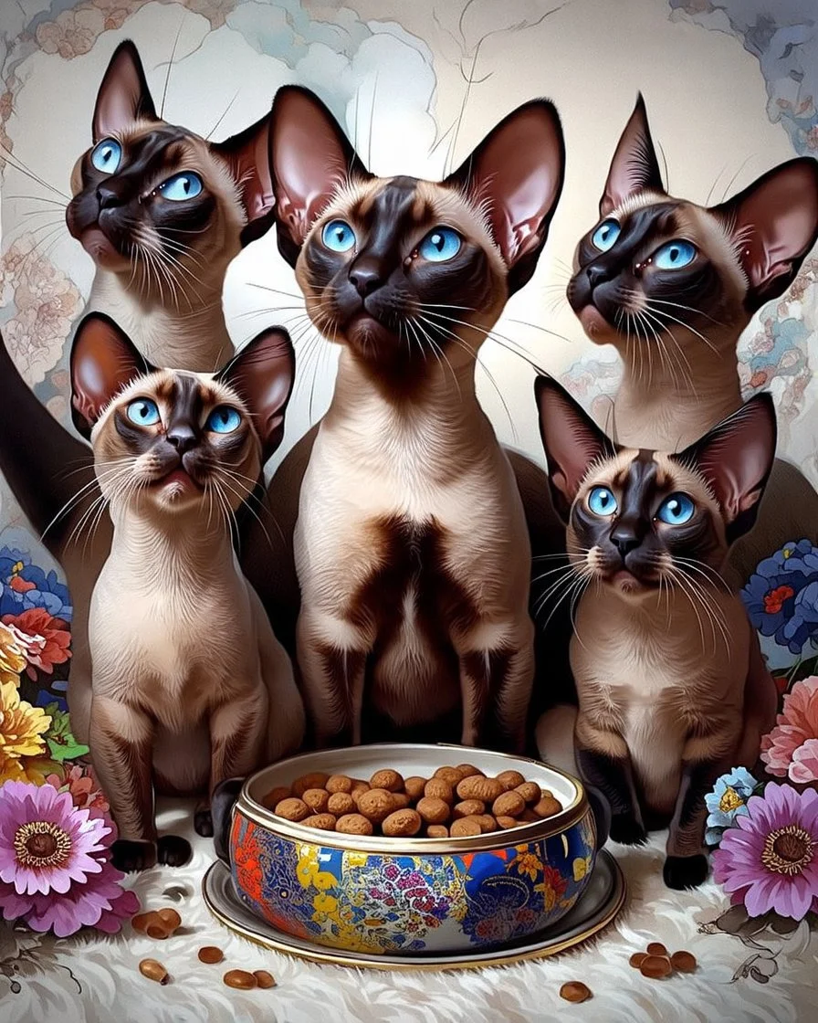 Pleading Oriental shorthair chocolate point Siamese cats with blue eye.The family pets. The drama queen. "Hey! Hey! There's a problem. Over here! Right here! It's my food dish! What do you mean, so what? It's completely empty! I'm starving! I'm skin and bones!"Modifiers:extremely detailed fantasy Arthur Rackham Gothic whimsical Andrea Kowch Daniel Merriam Kevin Sloan alcohol ink Magritte Esao Andrews Kate Leiper Dream pen and ink Graham Bruce Richards Crackling lightning inca
