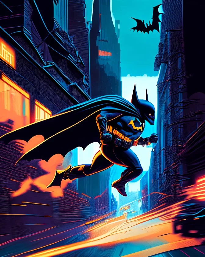 Batman running hyper-detailed retro art full body city background 8k