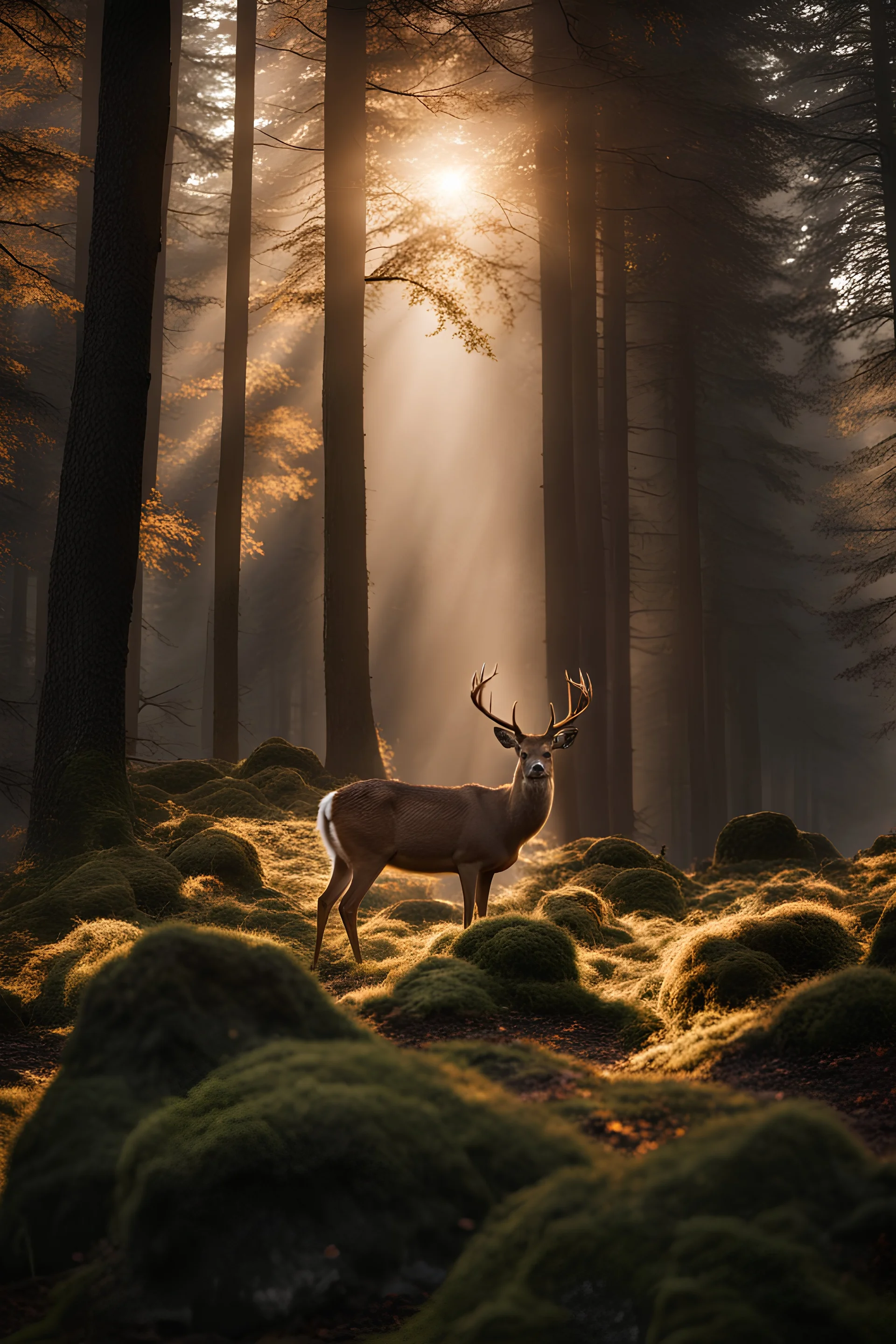 A majestic deer in the forest , natural colors, dynamic light and shadow, mid-angle , intricate details, very detailed scene with intricate details, realistic, natural colors, highly detailed, UHD ,perfect composition, insanely detailed 32k artistic photography, photorealistic concept art, soft natural volumetric cinematic perfect light