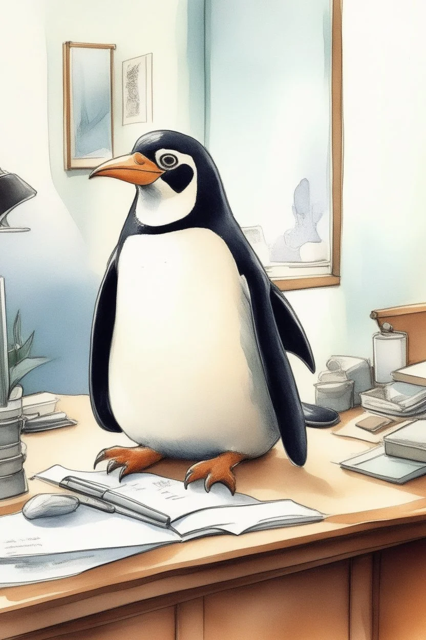 a penguin is an investor in 1990 office, watercolor. phone talk.