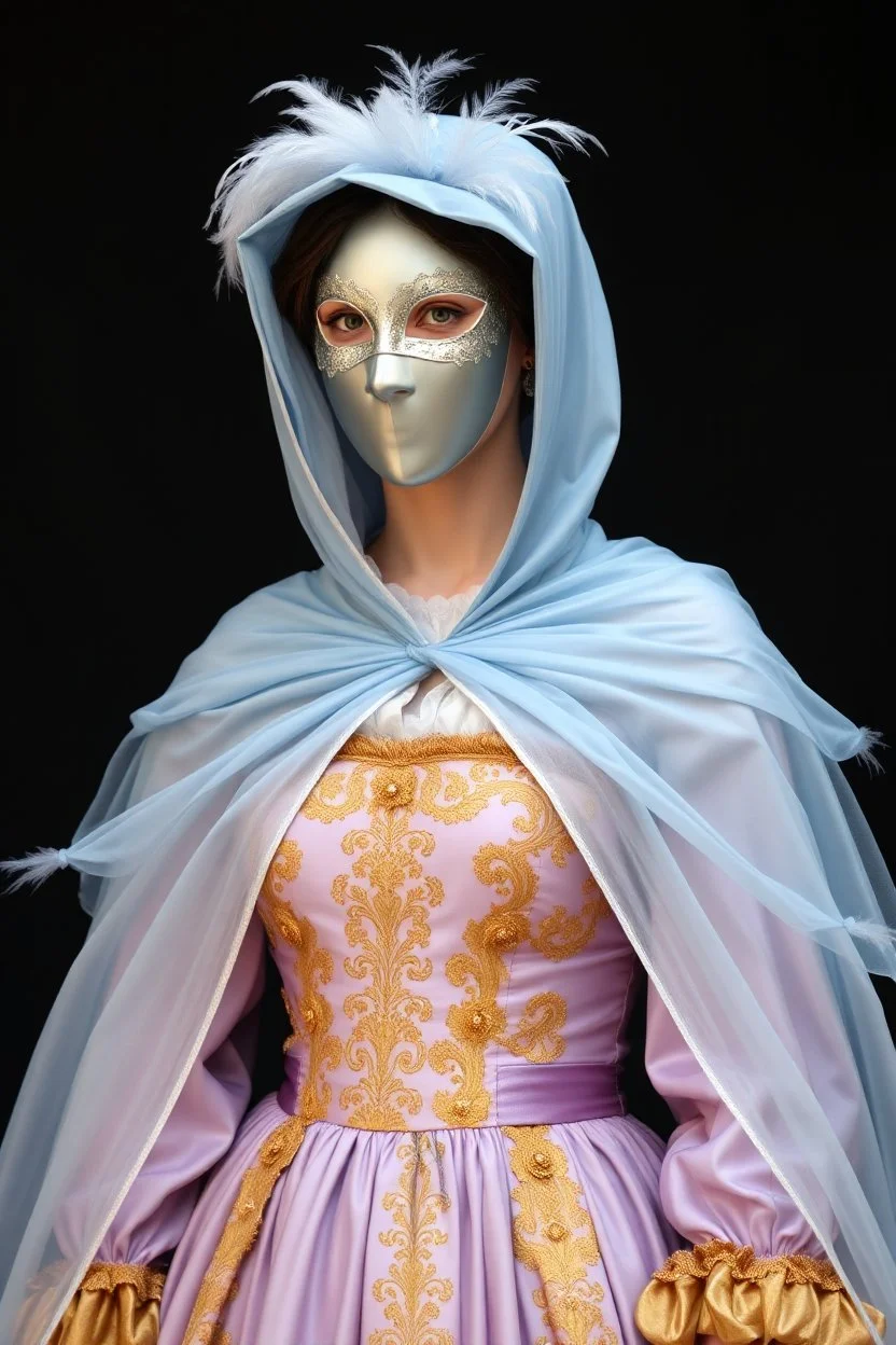 На ней было платье итальянского ренессанса сиреневого и золотистого цвета. Поверх был нежно голубой плащ как у феи крестной, напоминающее небо и легкое как облако. Маска, такая же серебристая, но слегка покрыта перьями.