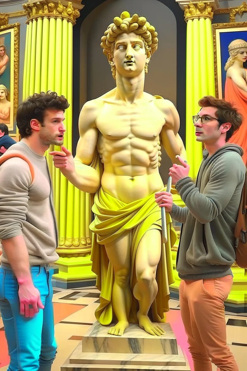 Show David in a role reversal situation, such as him being a tourist admiring other famous artworks or statues in a museum, with a guidebook in hand.