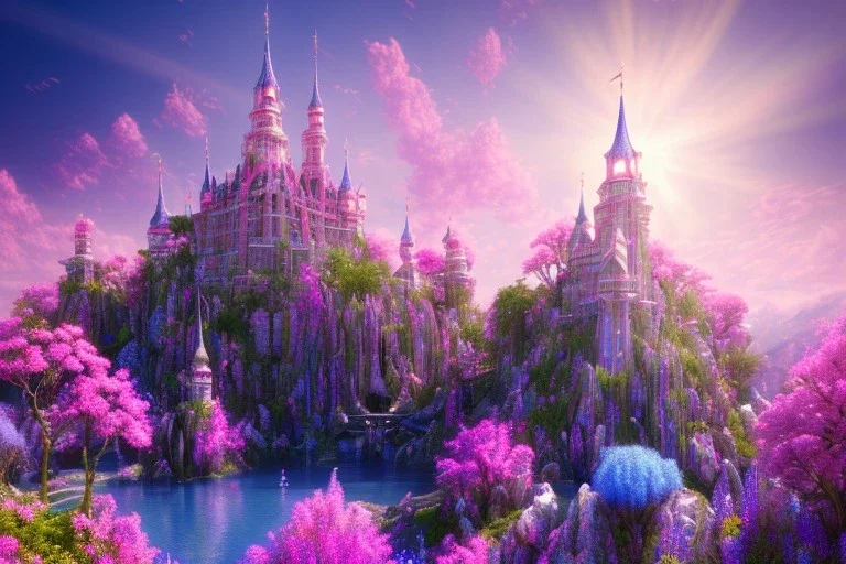 luminous pink castle, on the mountain, sun,swanns,waterfall, BLUE LAKE, SWANNs,blue bugainvillier flowers, jacaranda violet trees, sky pink blue, full of details, smooth, bright sunshine，soft light atmosphere, light effect，vaporwave colorful, concept art, smooth, extremely sharp detail, finely tuned detail, ultra high definition, 8 k, unreal engine 5, ultra sharp focus