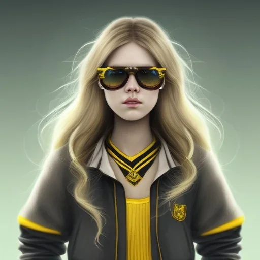 Girl with long wavy brown blond hair, yellow hawk eyes. Wears Hogwarts Hufflepuff uniform and sunglasses with a yellow clip.