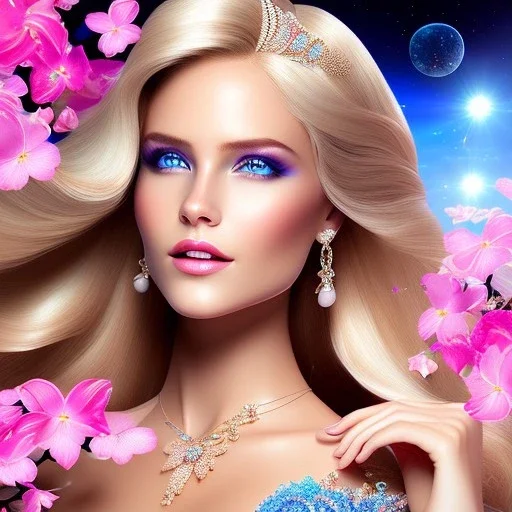 Full body Princess, sexy woman blondie, make up, beautiful smiling face,blue eyes, beautiful place,amazing, flowers, colors, blue and pink butterfly, realistic, photo real, stars night, detailed, high contrast, 8k high definition, unreal engine 5, extremely sharp detail, light effect, light background