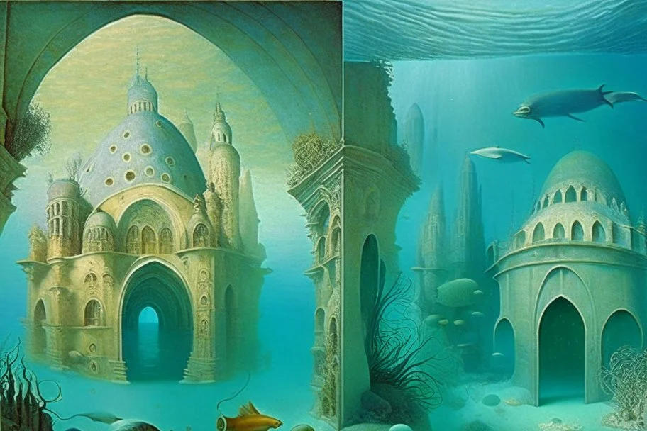 An underwater city with arches and domes by artists "Leonora Carrington" "Leonardo da Vinci" and "Beatrix Potter"