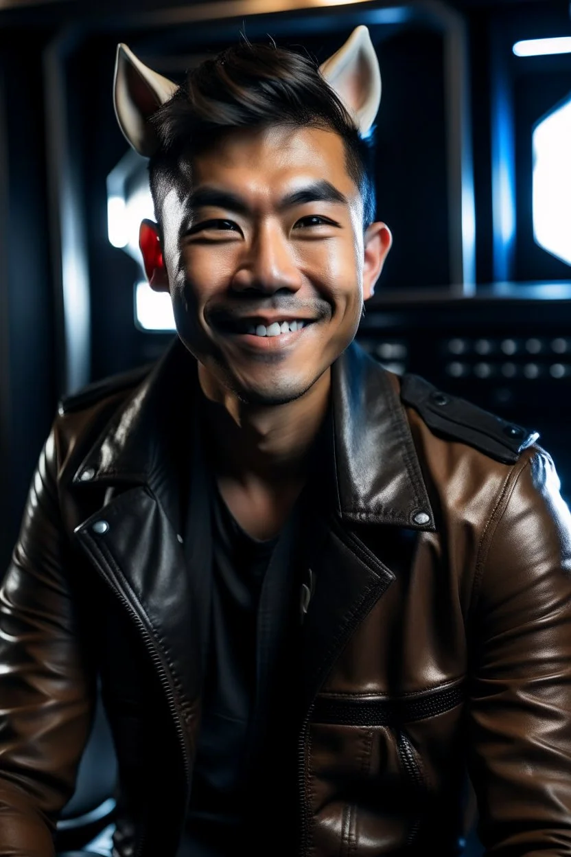 Smiling Male Half-Asian actor with cat ears in a leather jacket, on a spaceship deck