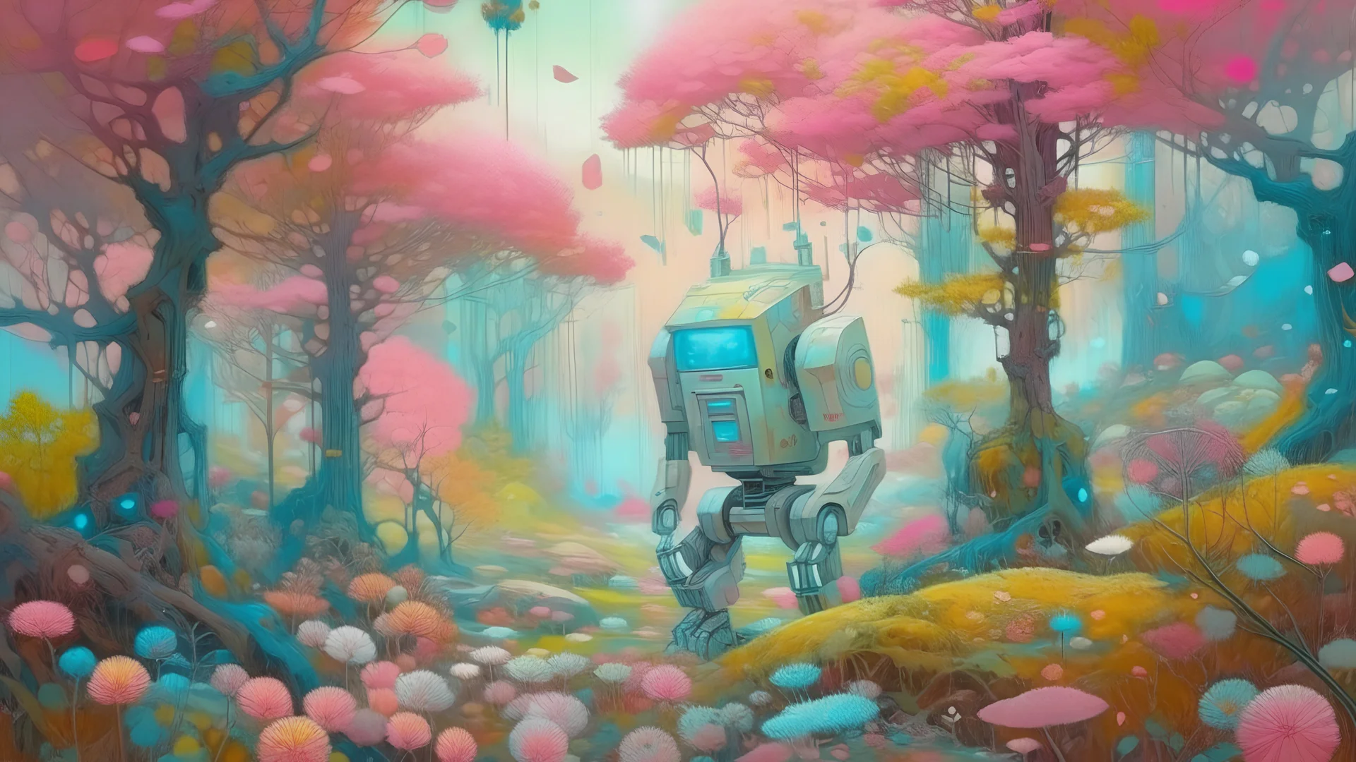 Paint, Pastel, Robotic World, everything is robotic even the trees and flowers everythibg