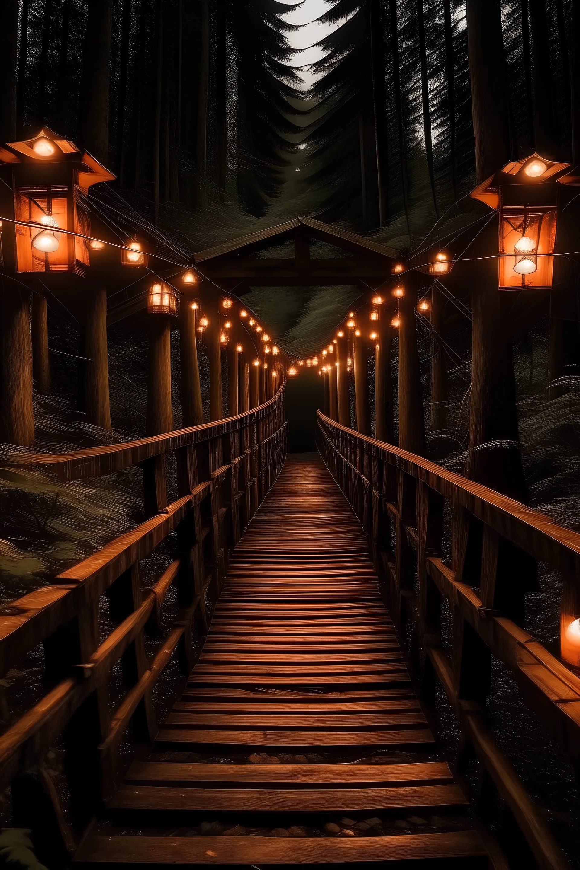 A wooden bridge in the forest at night with fire lanterns on each side